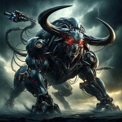 The primary subject of the image is a robotic bull with red eyes, horns, and a mechanical face. The robotic bull is standing on a cloudy day, with a dark and moody atmosphere. The setting is a cloudy sky, and the visual style is a digital art or illustration. The colors are predominantly dark and grey, with the red eyes of the robotic bull being the most noticeable feature.